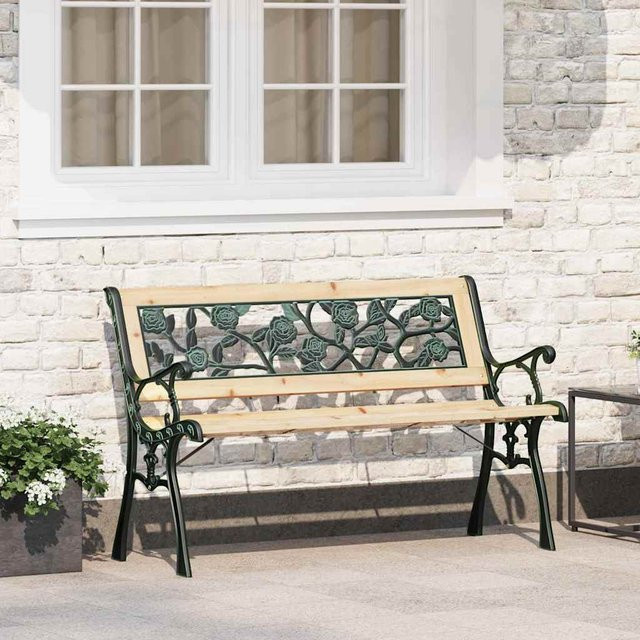 vidaXL Gartenbank mit Rosenmuster aus Holz und Gusseisen in Anthrazit und Braun inklusive Polstern B/T/H: 116 x 52,5 x 73 cm - Bild 2