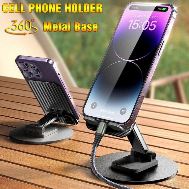 360 Grad rotierender Universal-Telefonständer aus Metall in Schwarz, faltbarer Multi-Winkel-Handyhalter für iPhone, Xiaomi und Samsung - Bild 1