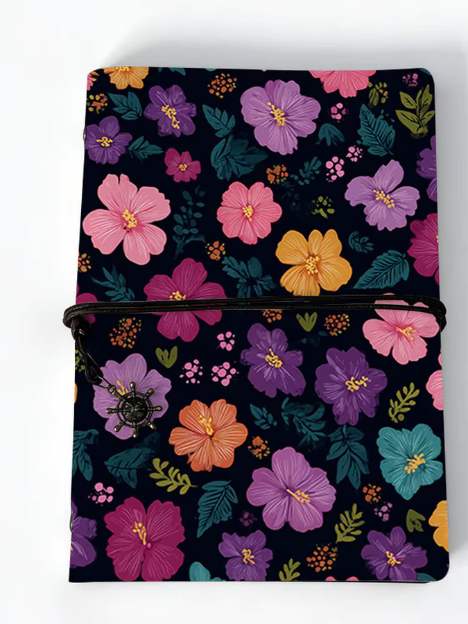 Nachfüllbares Boho-Vintage Lederjournal mit buntem Blumenmuster und Schnurverschluss, Hardcover Tagebuch in Multicolour - Bild 4