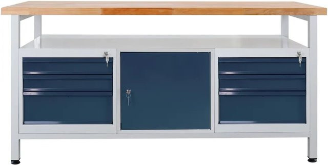 PROREGAL Werkbank Giant Rhino mit Ablagefach, 6 Schubladen und 1 Tür, Buche und Stahl, H x B x T: 84 x 170 x 60 cm, Lichtgrau und Anthrazitgrau - Bild 1