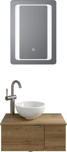 Pelipal Badmöbel-Set Serie 6915 Riviera Eiche mit Waschtischunterschrank, Keramik Aufsatzbecken und Funktionsspiegel, Farbe: Braun/Eiche, B/T/H: 61 x 32 x 200 cm - Bild 1