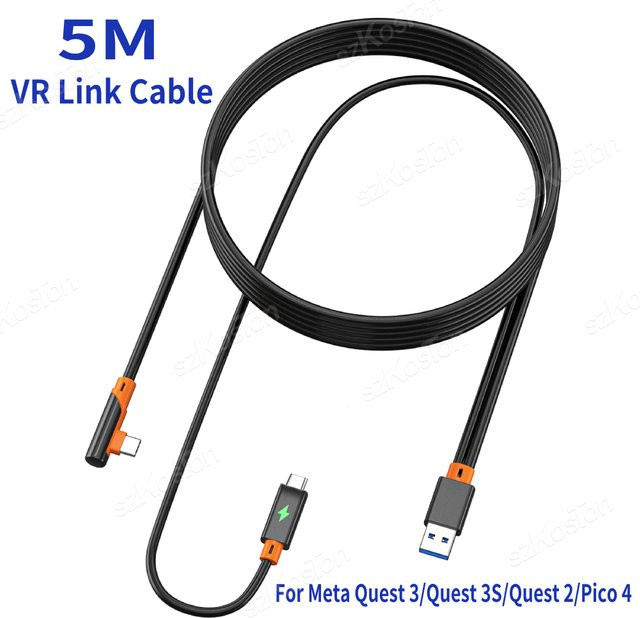 SZKOSTON VR-Link-Kabel für Meta Quest 3, Quest 3S, Quest 2, Pico4 und PS5, USB 3.0 Gen2 auf Typ-C, 5 Gbit/s Datenübertragung und schnelles Aufladen, Schwarz - Bild 1