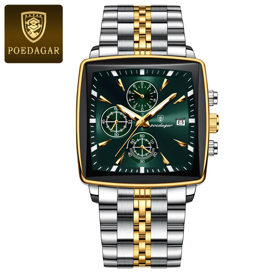 POEDAGAR Armbanduhr Chronograph, Quarz, Edelstahl, Silber, Grün, Herren - Bild 7
