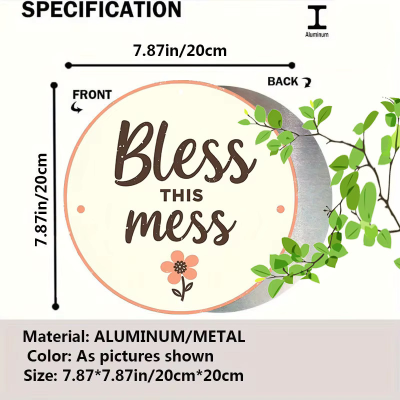Potdemiel Bless This Mess Rundes Wandkunstschild aus Metall im Vintage-Design mit floralem Muster, Durchmesser: 20 cm - Bild 2