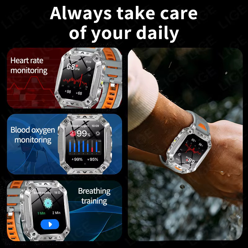 LIGE Militär-Smartwatch für Herren in Schwarz mit 1400mAh Akku, Fitness-Tracker und LED-Taschenlampe, wasserdicht, kompatibel mit Android und iOS - Bild 4