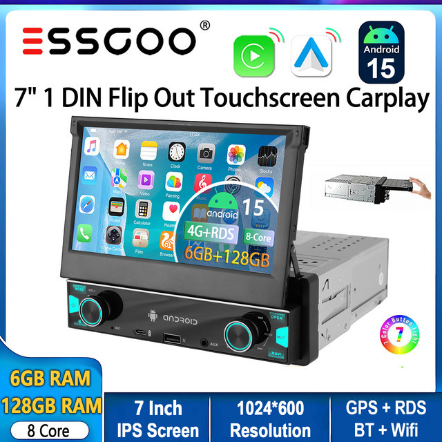 ESSGOO Android 15 Autoradio mit 7 Zoll ausklappbarem Touchscreen, 6+128GB, 1 DIN, Kabelloses CarPlay, GPS, WLAN, Bluetooth, Schwarz - Bild 1