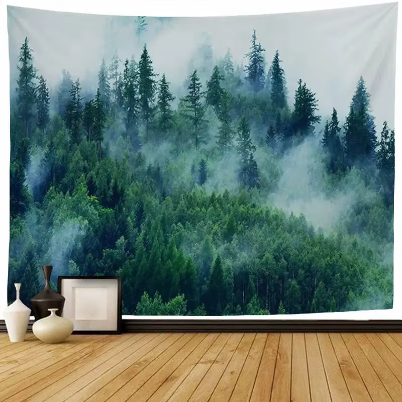 VIKAMA Wandteppich Misty Forest in Blau mit nordischem minimalistischem Design und Kiefernwald-Motiv - Bild 1