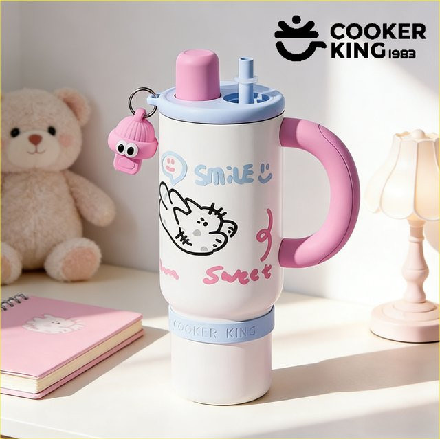 Cooker King Isolierter Becher mit Griff und Strohhalm aus 316 Edelstahl und PP, Pink/White, 1200 ml - Bild 1