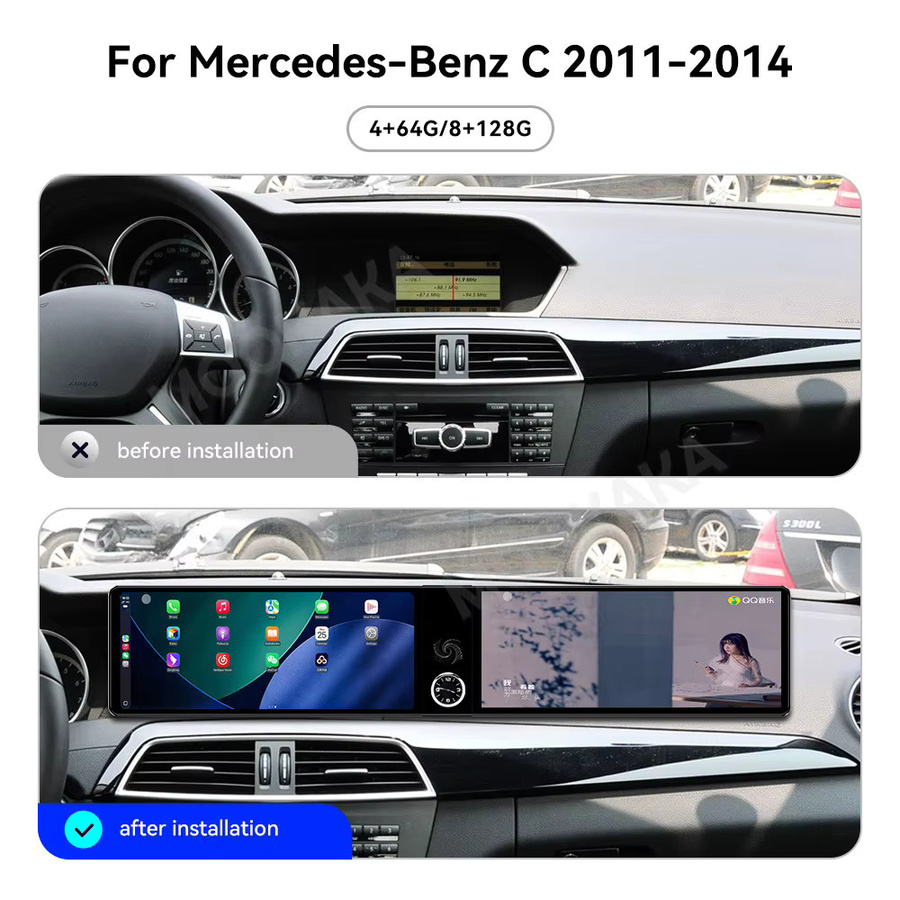Aotsr Android Autoradio mit Dual Screen für Mercedes Benz C-Klasse W204 2011-2014, 24,6 Zoll Multimedia Stereo mit GPS und CarPlay, Schwarz - Bild 2