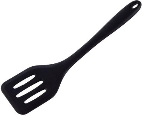 Hitzebeständiger Schlitzspatel aus lebensmittelechtem Silikon in Schwarz, einteiliges Design als Fischwender - Bild 1