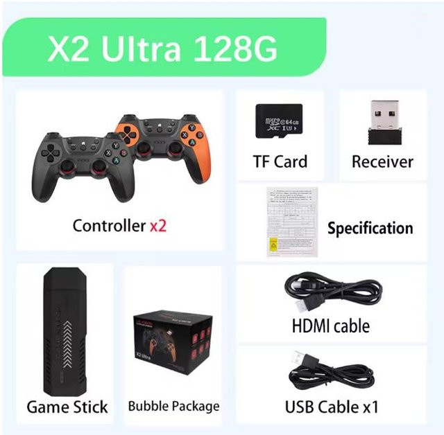 X2 Ultra Game Stick Retro-Spielekonsole mit 256GB Speicher, 60000+ Spielen, kabellosen Gamepads und HD-Ausgabe in Schwarz - Bild 1