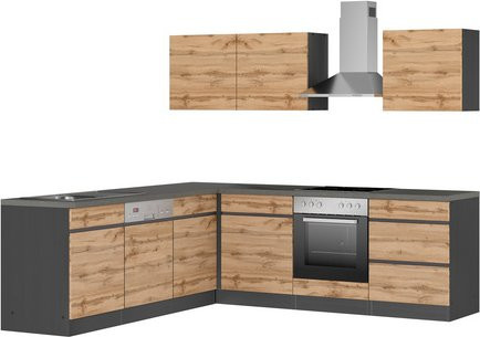Winkelküche Tampa von HELD MÖBEL in Braun und Grau mit Melaminharz-beschichteter Arbeitsplatte, B: 240 cm, T: 60 cm, H: 200 cm - Bild 1