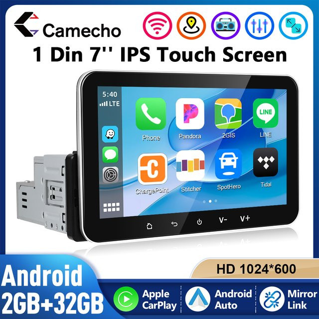 Camecho 7 Zoll 1 Din Autoradio mit Android Auto und Apple CarPlay, 2+32GB Multimedia Player in Schwarz mit Bluetooth, GPS, WIFI und MirrorLink - Bild 1