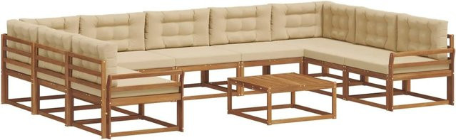 vidaXL Outdoor-Sofagarnitur aus Akazienholz in U-Form, 10-teiliges Set in Natur und Beige mit wetterfesten Kissen - Bild 1