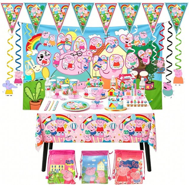Hasbro Peppa Pig Themenparty-Zubehör, Tischgeschirr, Becher, Teller, Strohhalme, Servietten, Spiral-Wabenpapierboxen, Hintergrund-Dekoration - Bild 1