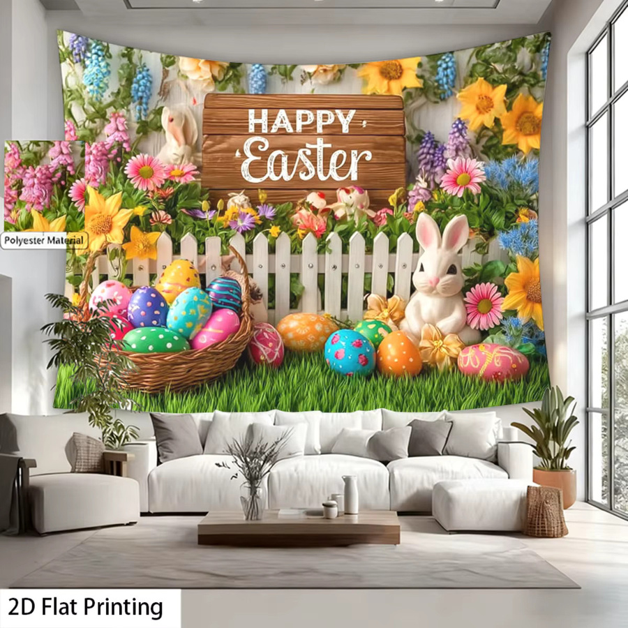 VIKAMA Oster-Hintergrundbanner mit Kaninchen- und Eier-Motiv, mehrfarbig, rechteckig, Textil-Hängedekoration für drinnen und draußen - Bild 4