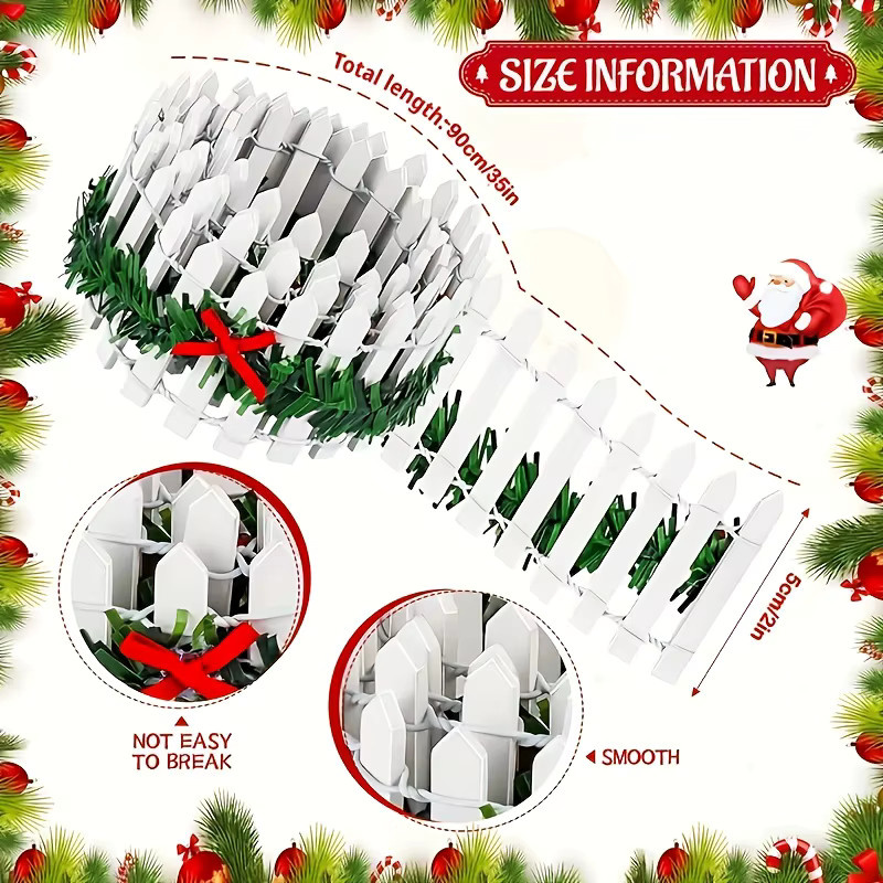 DUTRIEUX Mini Weihnachtsdorf Dekoration Weißer Lattenzaun mit Holzoptik, Grüner Girlande und Roten Schleifen für Puppenhaus und Gartendekoration - Bild 2