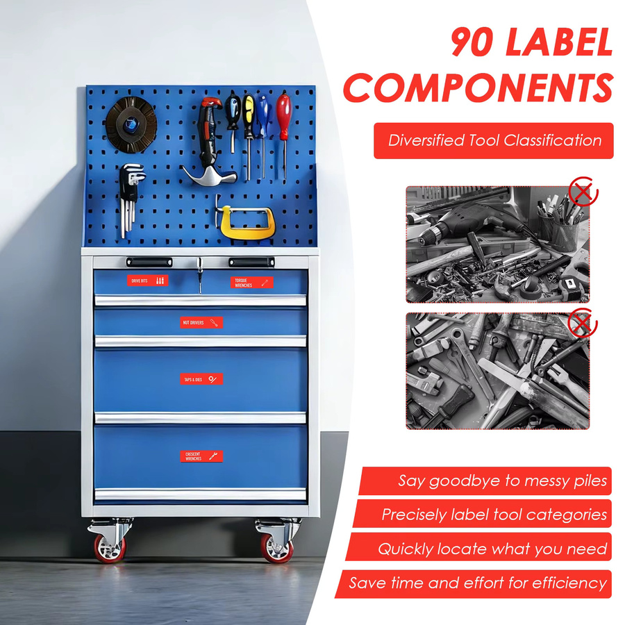 90 Stück magnetische Werkzeugkasten-Etiketten in Rot zur Organisation von Werkzeugkästen und Schubladen - Bild 4
