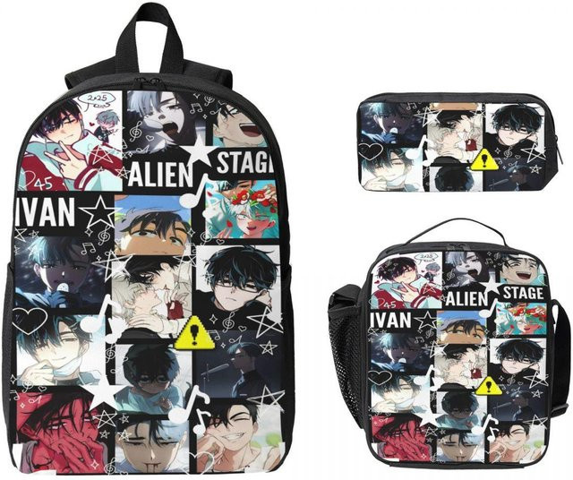 3-teiliges Ivan Alien Anime Schultaschen-Set für Kinder mit Rucksack, Federmäppchen und Brotdose in Grau und Multicolour von Fancy Style Studio - Bild 1