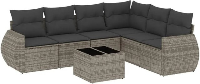 vidaXL 7-teilige Garten-Sofagarnitur aus Poly-Rattan in Grau mit Kissen aus Polyester und Gestell aus pulverbeschichtetem Stahl - Bild 1