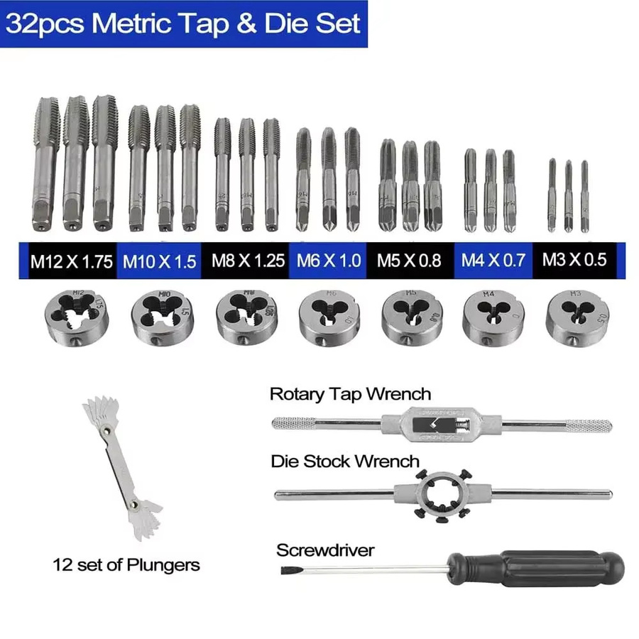 PINTUDY 32-teiliges Metrisches Gewindeschneider-Set in Silber für M3 bis M12 zur Reparatur von Muttern, Bolzen und Schrauben - Bild 4