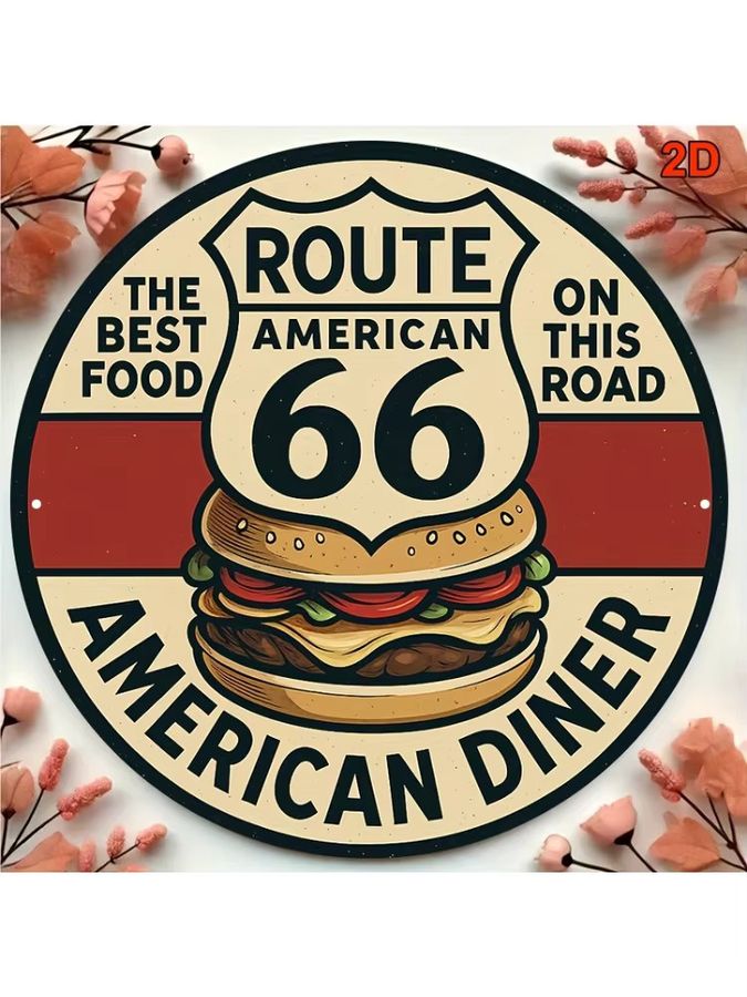 Potdemiel Vintage Route 66 Aluminiumschild mit Hamburger Design, rund, Durchmesser: 20,32 cm - Bild 5