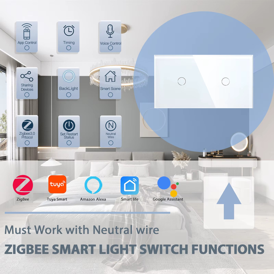 BSEED Zigbee Smart Switch Doppel 1/2/3 Gang/Way Drahtloser Lichtschalter in Grau mit Tuya App- und Sprachsteuerung für Alexa und Google Home - Bild 2