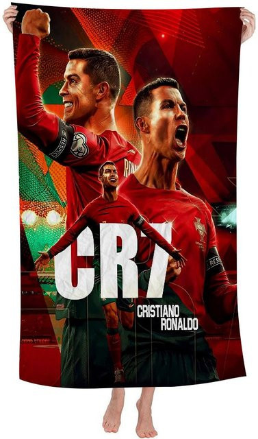 Ka Chen Mutong CR7 Badetuch für Kinder aus Mikrofaser, weich und wasserabsorbierend, Design Cristiano Ronaldo, Farbe: Weiß/Rot, B: 70 cm, H: 140 cm - Bild 1