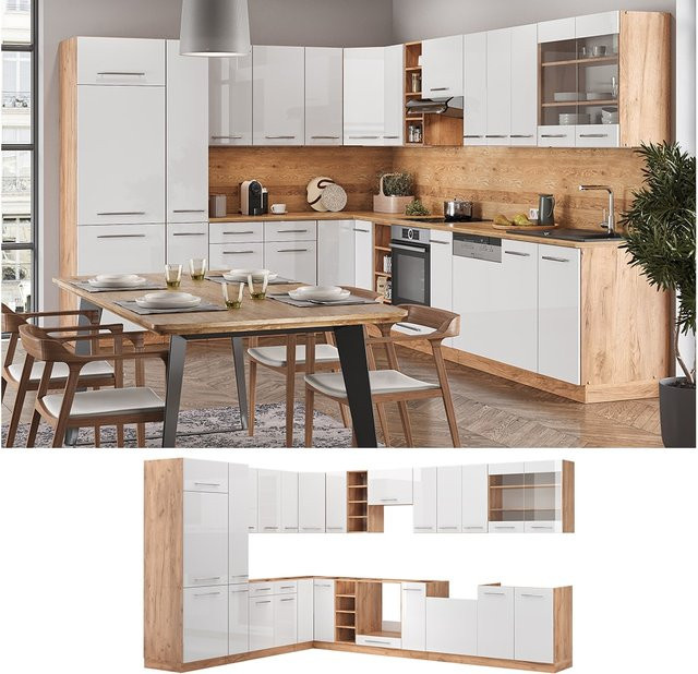 Vicco Fame-Line Eckküche in Weiß Hochglanz und Eiche, moderne Einbauküche mit Soft-Close-Türen, B/T/H: 347 x 257 cm - Bild 2