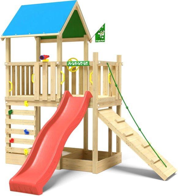Jungle Gym Spielturm Wonder aus Holz mit Planendach, Kletterrampe und Rutsche in Rot - Bild 1