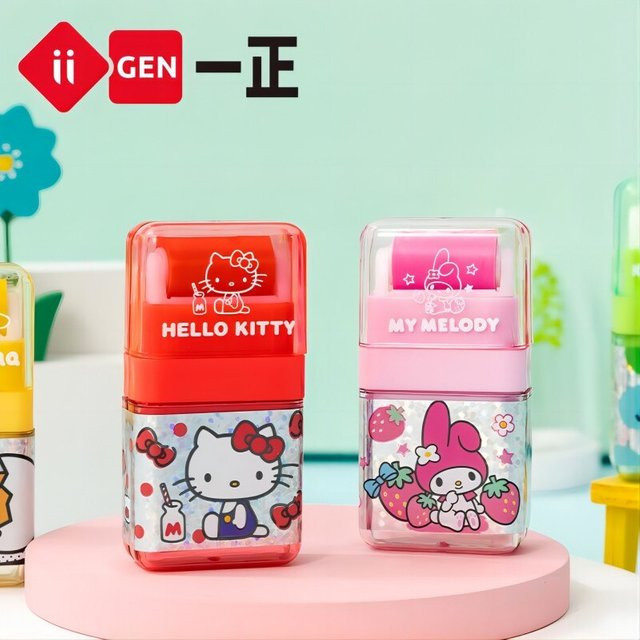 Iigen Sanrio Roller Radiergummis Set aus Kunststoff und Gummi mit Hello Kitty, Melody und Pachacco in Pink und Rot, 2 Stück - Bild 1