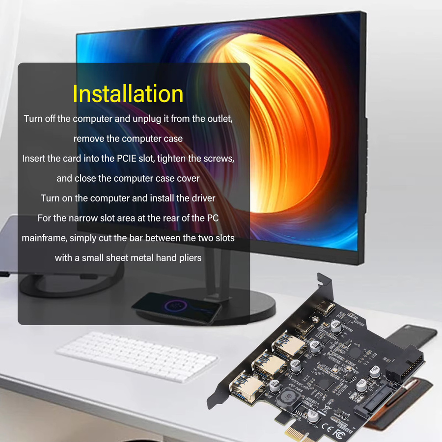 Qiilu PCIe zu USB 3.2 Erweiterungskarte mit 5 Anschlüssen (2x USB Typ C und 3x USB Typ A) in Schwarz für Desktop-PC - Bild 2