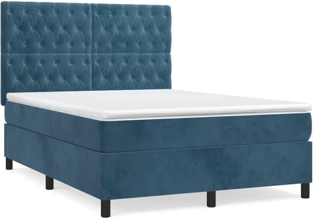 vidaXL Boxspringbett mit Matratze in Dunkelblau, Hybridbett aus Samt mit Taschenfederkern, B/T: 140 x 200 cm - Bild 1