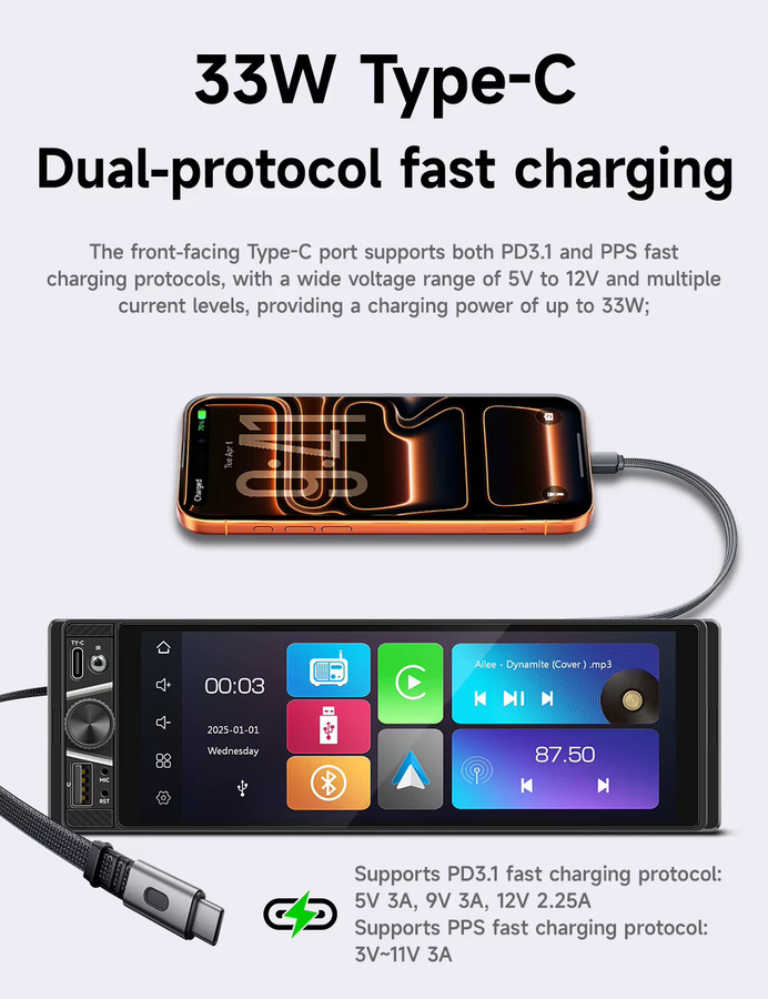 BQCC Universeller 1Din Auto-Multimedia-Player mit 6,28 Zoll Display, CarPlay und Android Auto, Bluetooth, FM, AUX und USB, Schwarz - Bild 4