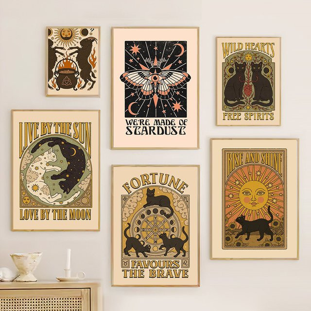 Potdemiel Retro Diamantmalerei Glückskatze mit Sonne Mond und Sternenstaub als Poster in Mehrfarbig, B/H: 25 x 25 cm - Bild 1