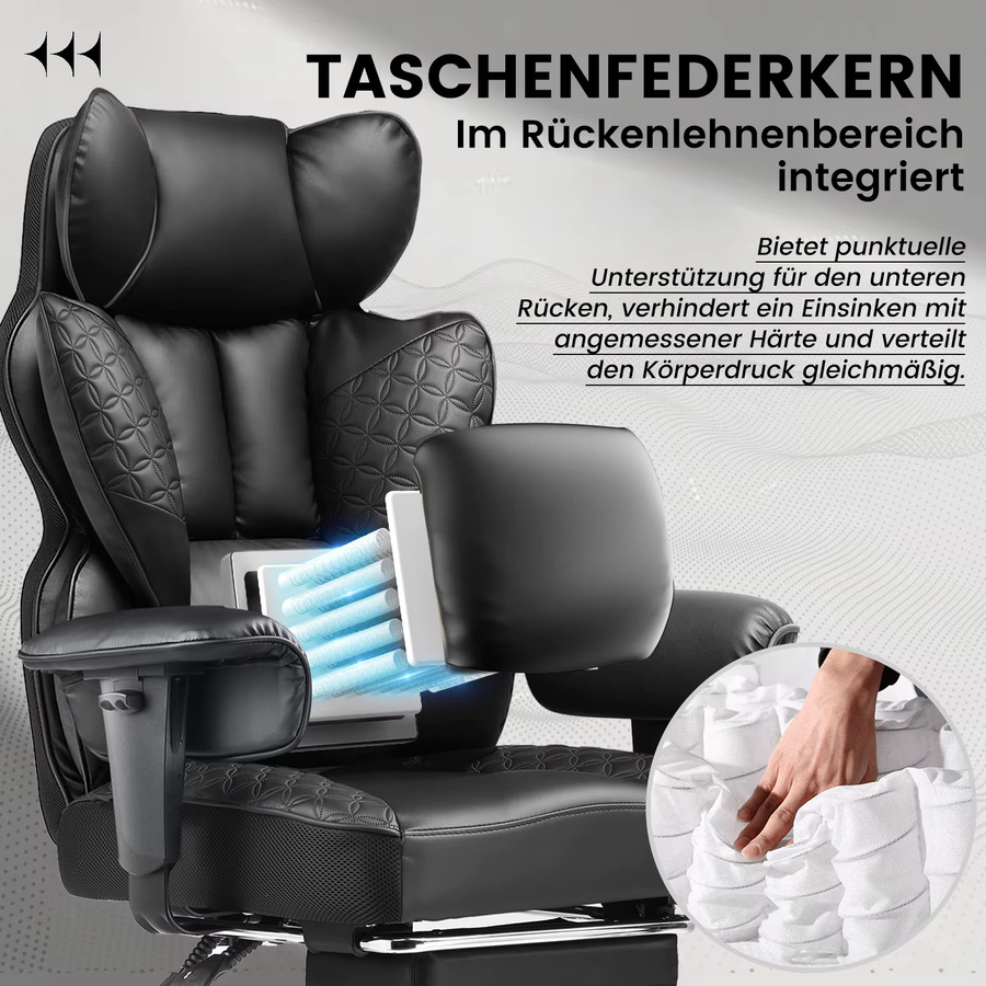 COMHOMA Gaming Stuhl aus Kunstleder mit verstellbaren Armlehnen und Kopfstütze, ergonomischer Bürostuhl mit Taschenfederkern-Lendenwirbelstütze, Schwarz/Braun - Bild 5