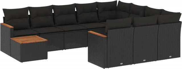 vidaXL 11-tlg Garten-Sofagarnitur aus Poly Rattan und Akazienholz in Schwarz mit Kissen Modell 122 - Bild 1