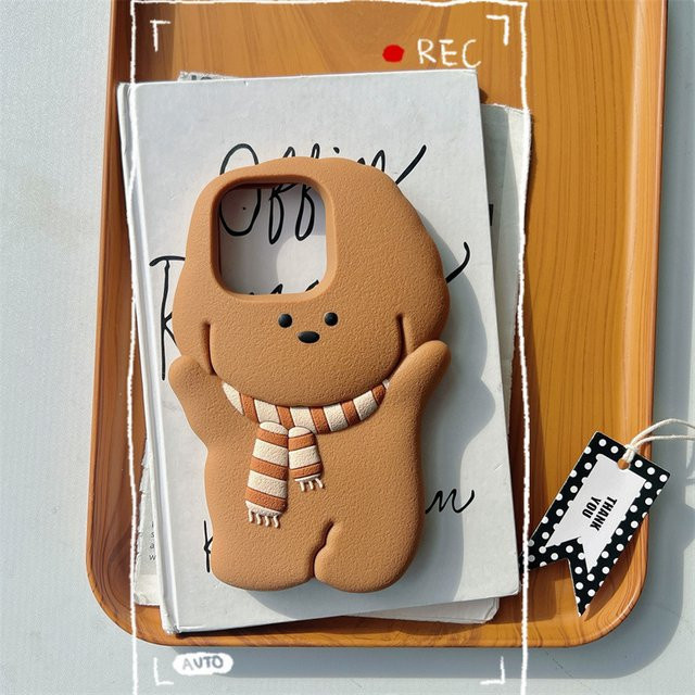 MUQGEW Kawaii 3D-Cartoon-Schal-Welpen Handyhülle aus weichem Silikon für iPhone 16, 15, 14, 13, 12 Pro Max Plus in Braun - Bild 1
