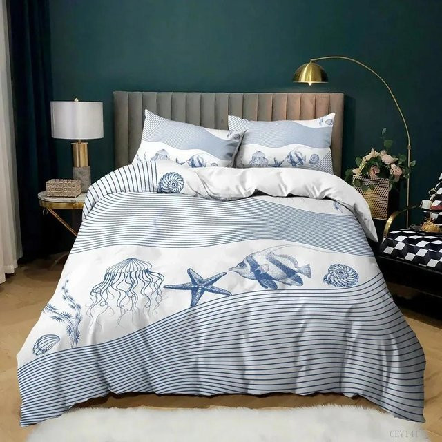 Nautisches Bettwäscheset Ozean 3D Küstenmuster mit Bettbezug und Kissenbezügen aus Mikrofaser in Blau, Breite: 133 cm, Höhe: 70 cm - Bild 1