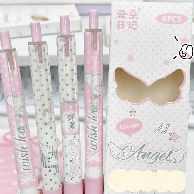 4er-Set Rosa Gepunktete Engelsflügel Gelstifte im Koreanischen Ins-Stil mit 0,5 mm Spitze und schwarzer Tinte - Bild 1
