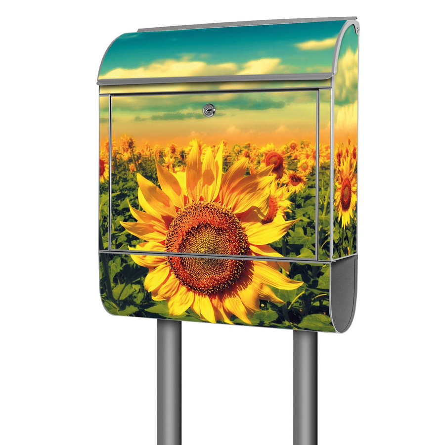 Freistehender Briefkasten von banjado mit Sonnenblumen-Motiv, modern und pulverbeschichtet, inklusive Zeitungsfach, Farbe: Grau/Silber/Mehrfarbig, B/T/H: 38 x 16 x 161,5 cm - Bild 1