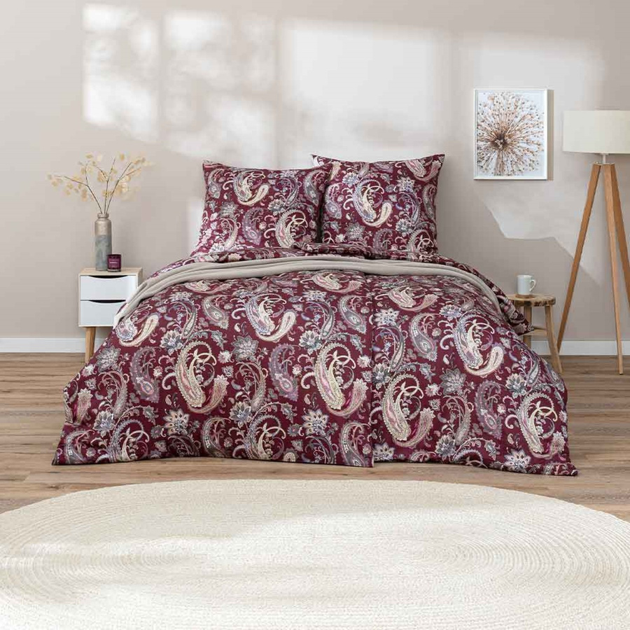 Estella Mako-Satin Bettwäsche Soley Paisley in Weinrot Bordeaux, bestehend aus Bettbezug und Kissenbezug, B/T/H: 135 x 200 cm und 80 x 80 cm - Bild 1