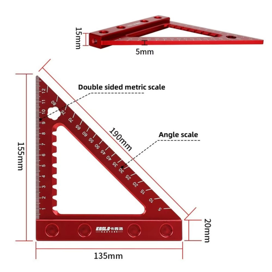 FNICEL Dreieck-Winkelmesser Layout-Messlineal in Rot mit 45/90 Grad Rechtwinkligem Anreißer - Bild 3