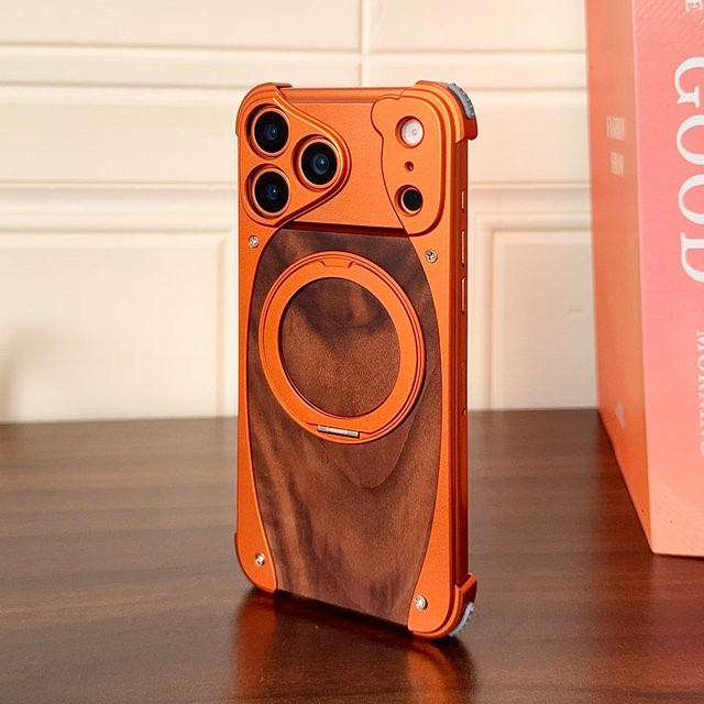 LICOERS Magnetische Holzhülle aus Walnuss-Echtholz und Aluminium für iPhone 17 Pro Max und iPhone 17 Pro mit MagSafe, Ständer und freier Rotation, Braun/Schwarz/Orange - Bild 1