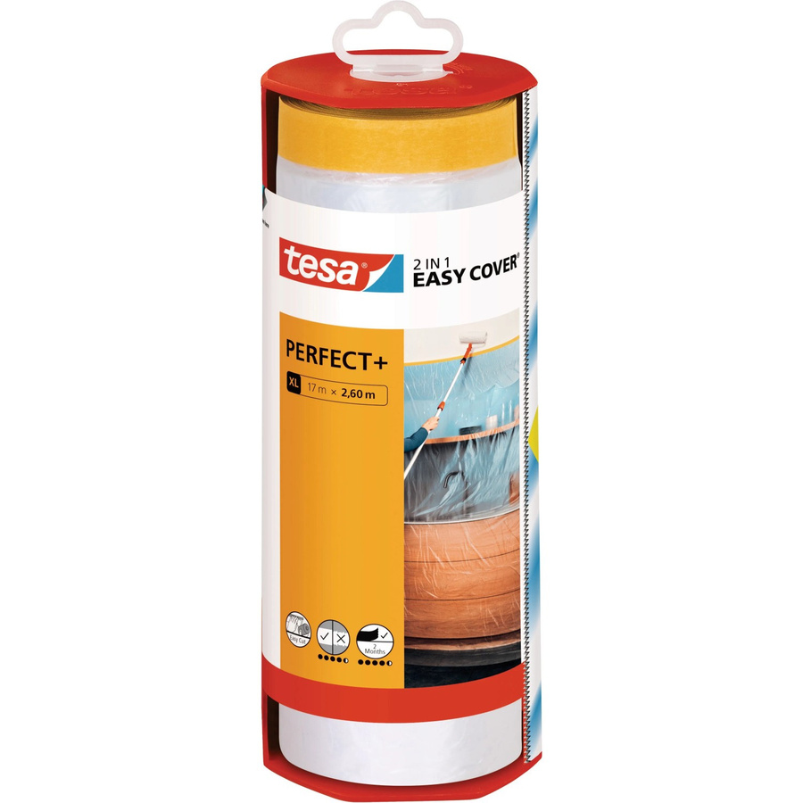 Tesa Easy Cover Perfect+ XL Abdeckfolie mit Klebeband im Spender, Gelb/Transparent, B: 260 cm, L: 17 m - Bild 2