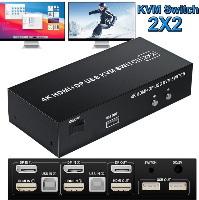 VBDWRM KVM-Switch Dual Monitor 4K 60Hz 2x2 HDMI 2.0 und DisplayPort mit USB in Schwarz - Bild 1