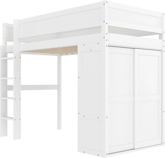 okwish Hochbett für Kinder in Weiß mit Kleiderschrank, Schreibtisch und Schubladen aus Kiefernholz und MDF, B/T/H: 200 x 90 x 165 cm - Bild 1