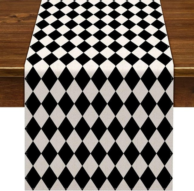 JINGYUE Pet Tischläufer aus Leinen in Schwarz Weiß Grau mit Diamantgitter und Buffalo Karo, B/T: 150 x 33 cm - Bild 1