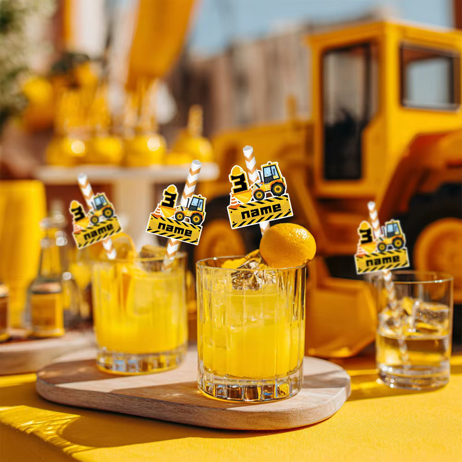 WEIGAO Baby Geburtstagsdeko Set mit Baustellenfahrzeug Motiv, Banner, Aufklebern und Kuchen-Deko in Mehrfarbig - Bild 4