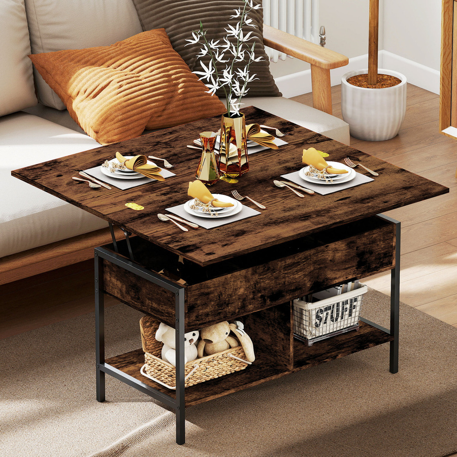 Aosom Höhenverstellbarer und ausziehbarer Couchtisch mit klappbarer Tischplatte und Ablage in Rustikalem Braun, B/T/H: 98 x 49 x 55 cm - Bild 2